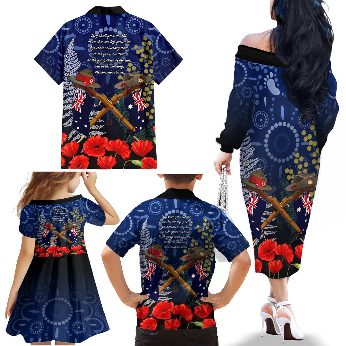 Anzac Family Matching Off Shoulder Long Sleeve Dress and Hawaiian Shirt Ausralia Aboriginal Mix New Zealand Slouch Hats