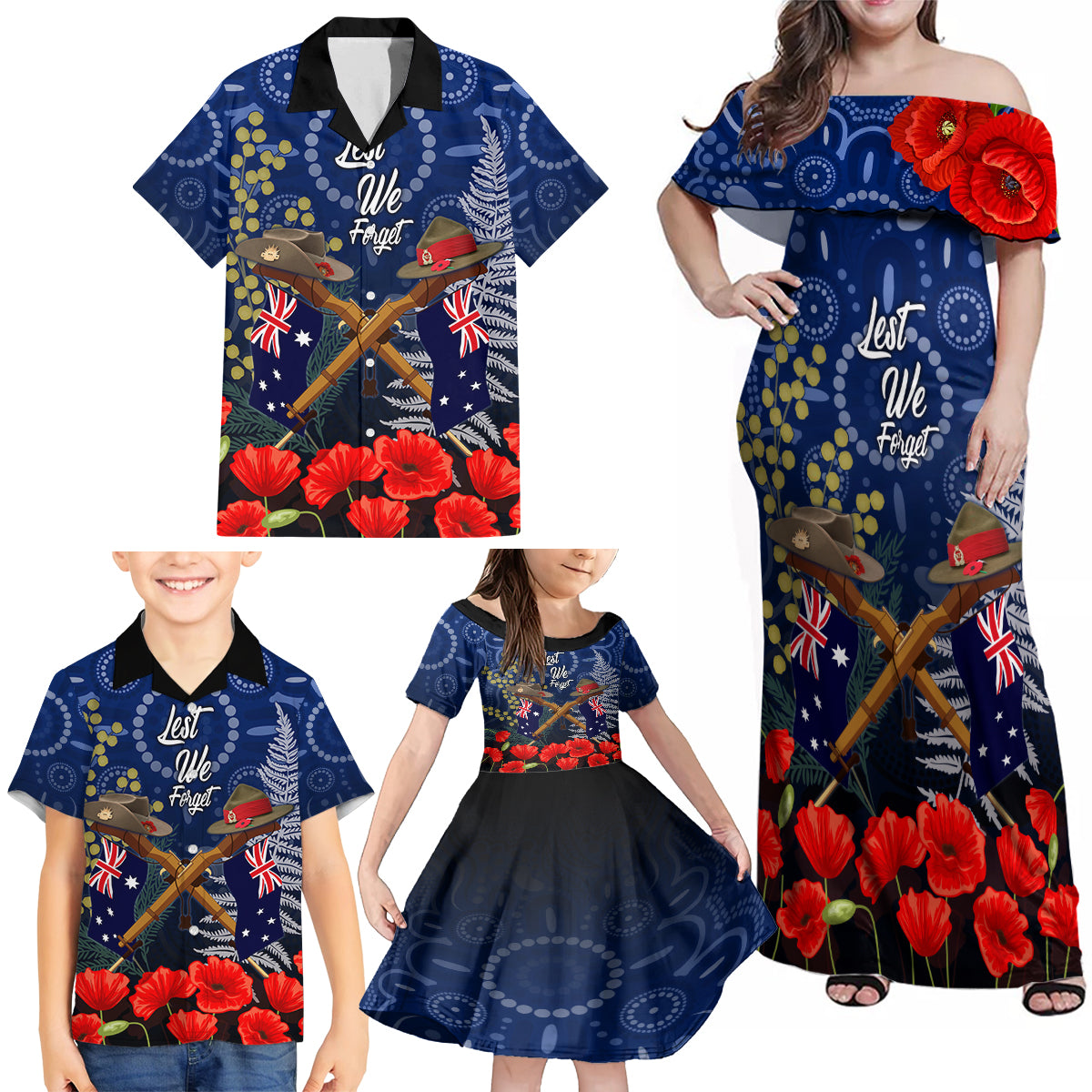 Anzac Family Matching Off Shoulder Maxi Dress and Hawaiian Shirt Ausralia Aboriginal Mix New Zealand Slouch Hats