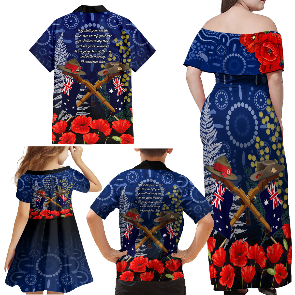 Anzac Family Matching Off Shoulder Maxi Dress and Hawaiian Shirt Ausralia Aboriginal Mix New Zealand Slouch Hats