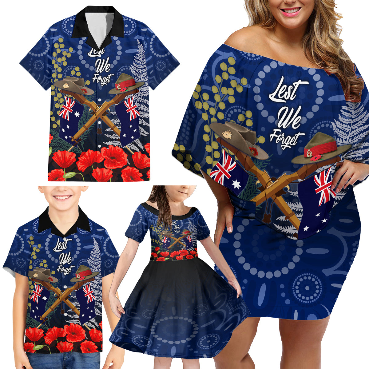 Anzac Family Matching Off Shoulder Short Dress and Hawaiian Shirt Ausralia Aboriginal Mix New Zealand Slouch Hats