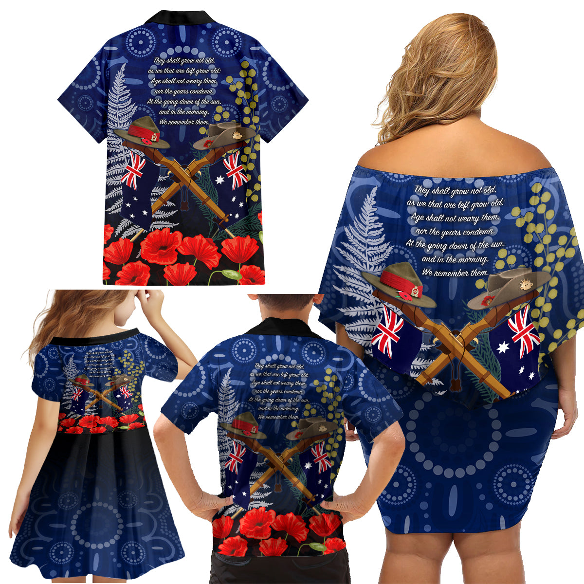 Anzac Family Matching Off Shoulder Short Dress and Hawaiian Shirt Ausralia Aboriginal Mix New Zealand Slouch Hats