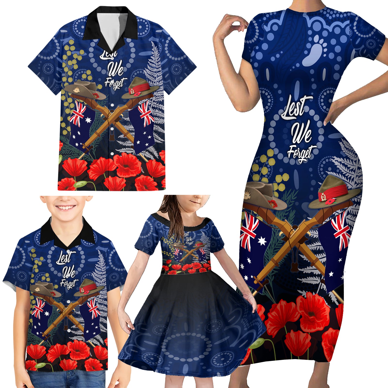 Anzac Family Matching Short Sleeve Bodycon Dress and Hawaiian Shirt Ausralia Aboriginal Mix New Zealand Slouch Hats