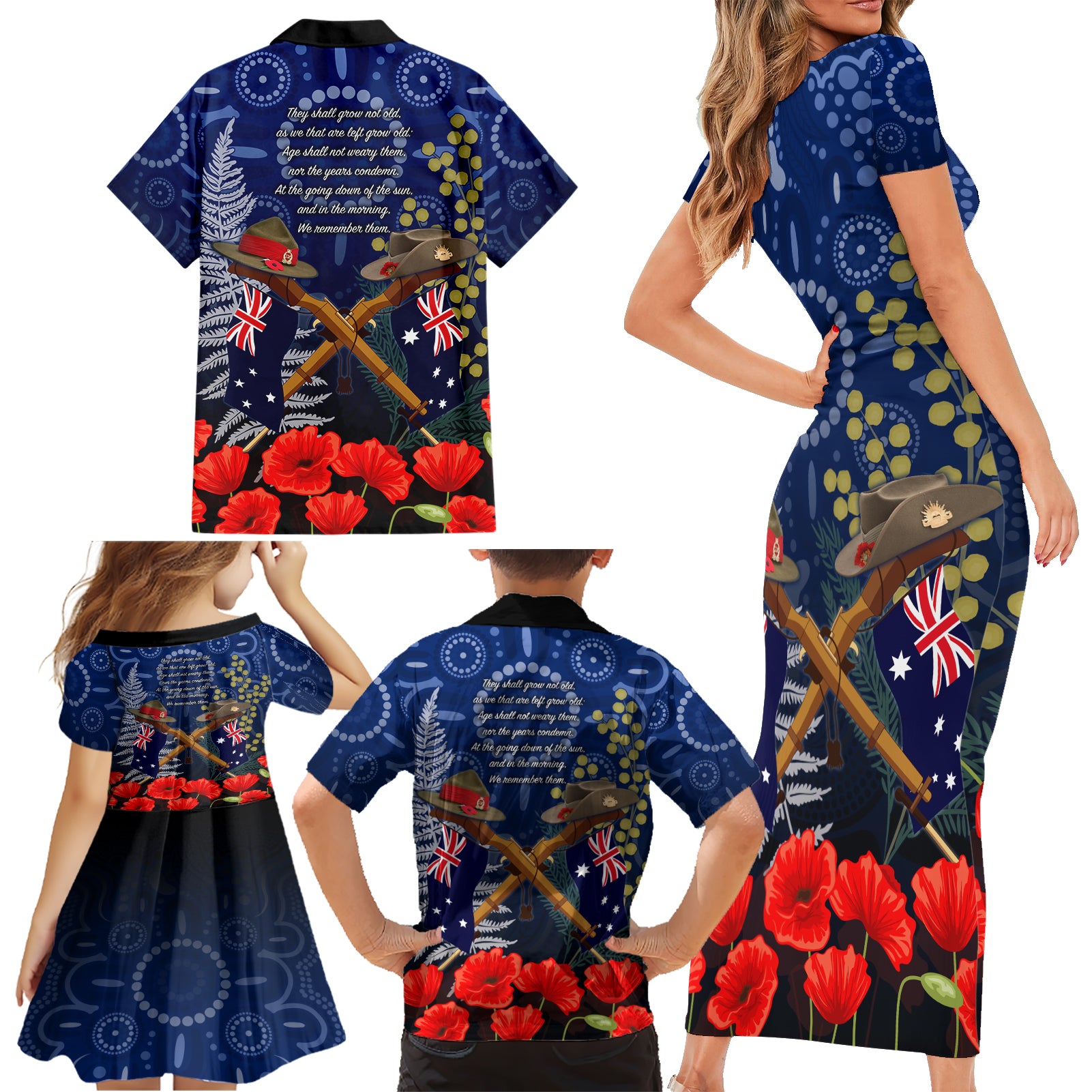 Anzac Family Matching Short Sleeve Bodycon Dress and Hawaiian Shirt Ausralia Aboriginal Mix New Zealand Slouch Hats