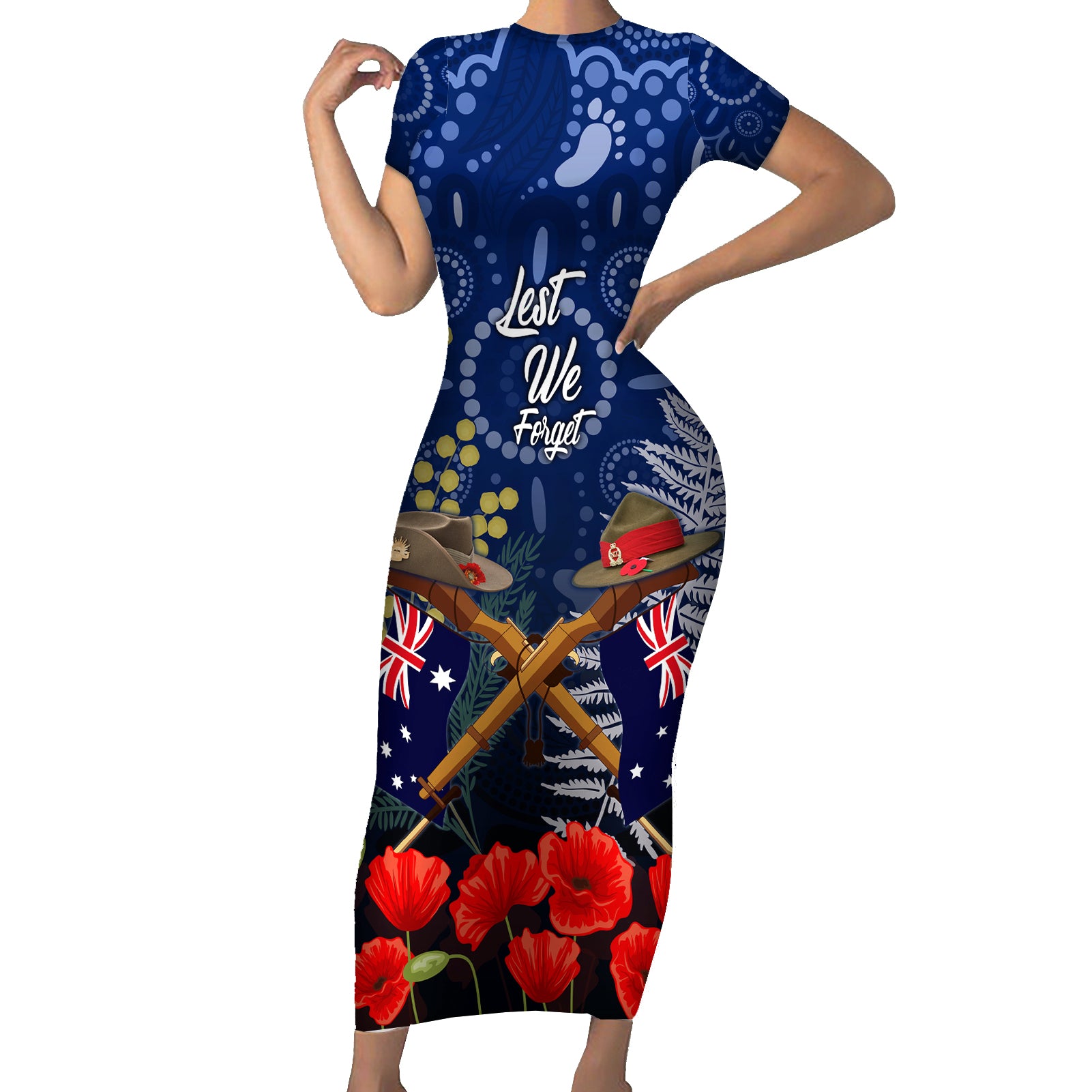 Anzac Family Matching Short Sleeve Bodycon Dress and Hawaiian Shirt Ausralia Aboriginal Mix New Zealand Slouch Hats