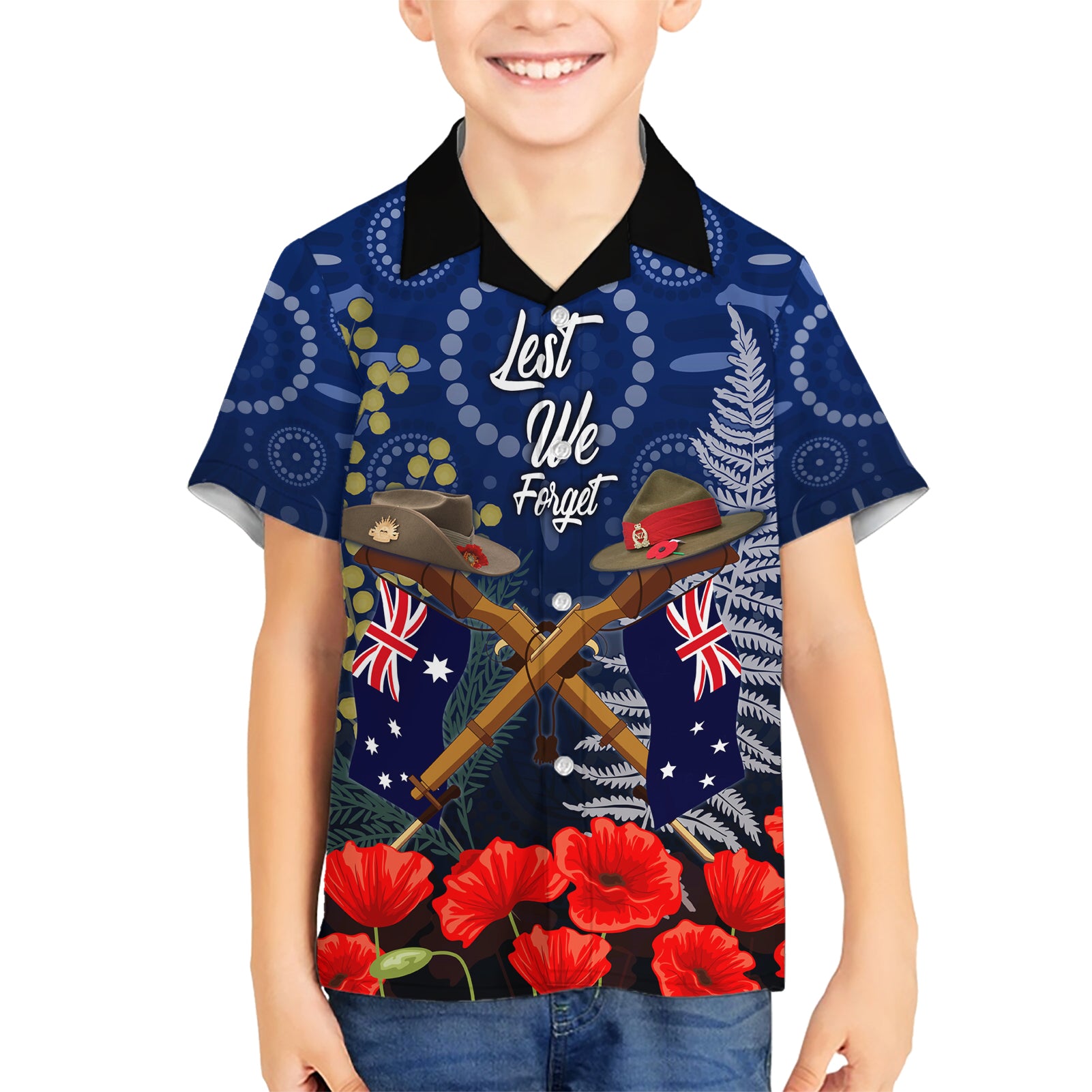 Anzac Family Matching Short Sleeve Bodycon Dress and Hawaiian Shirt Ausralia Aboriginal Mix New Zealand Slouch Hats