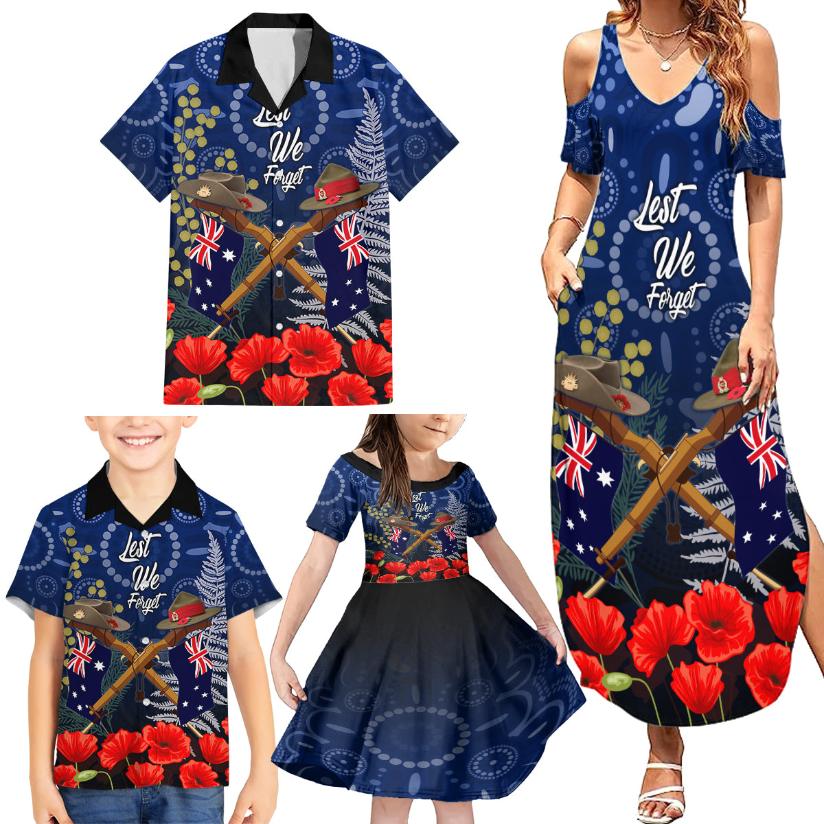 Anzac Family Matching Summer Maxi Dress and Hawaiian Shirt Ausralia Aboriginal Mix New Zealand Slouch Hats