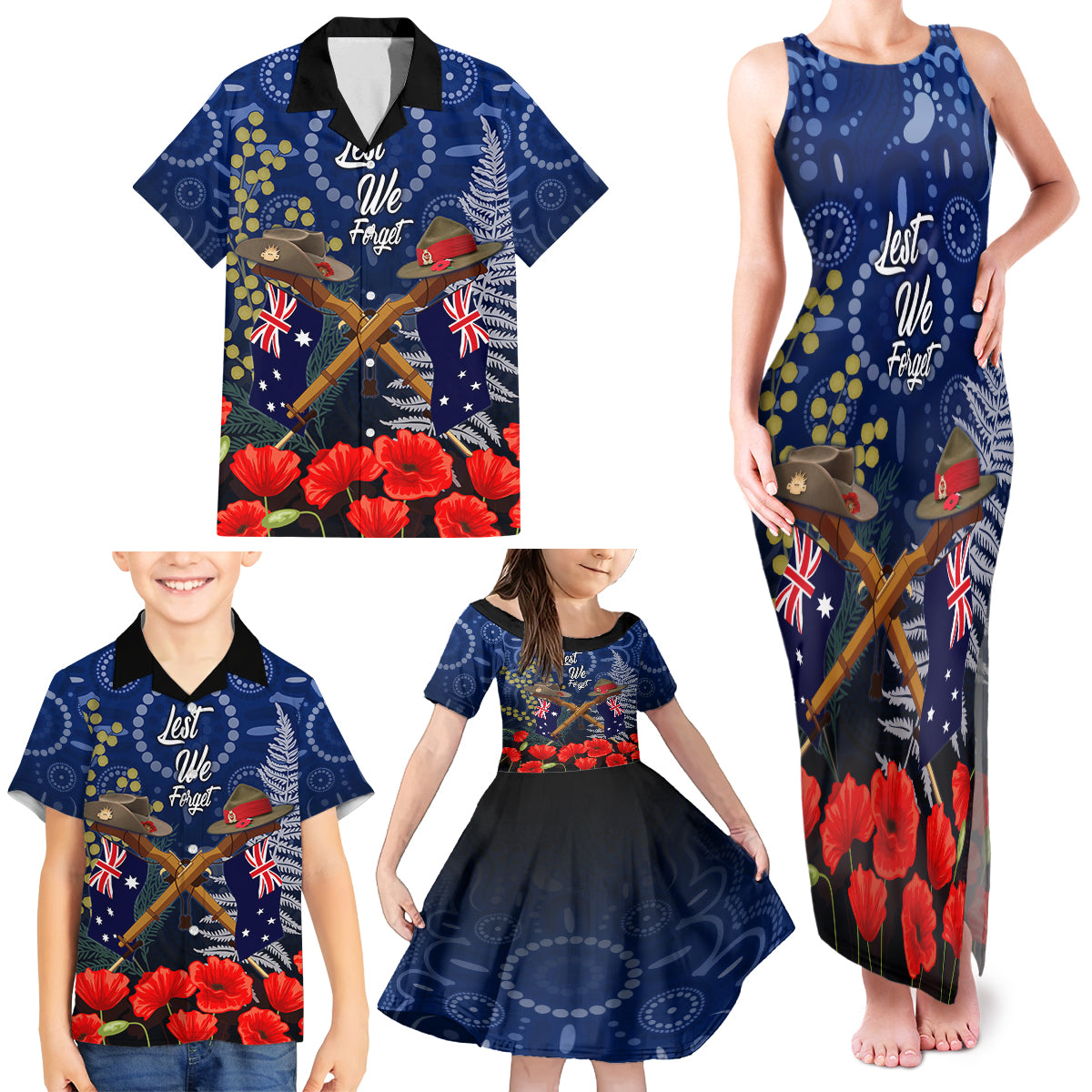 Anzac Family Matching Tank Maxi Dress and Hawaiian Shirt Ausralia Aboriginal Mix New Zealand Slouch Hats