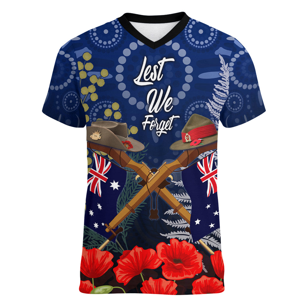 Anzac Women V Neck T Shirt Australia Aboriginal Mix New Zealand Slouch Hats - Vibe Hoodie Shop