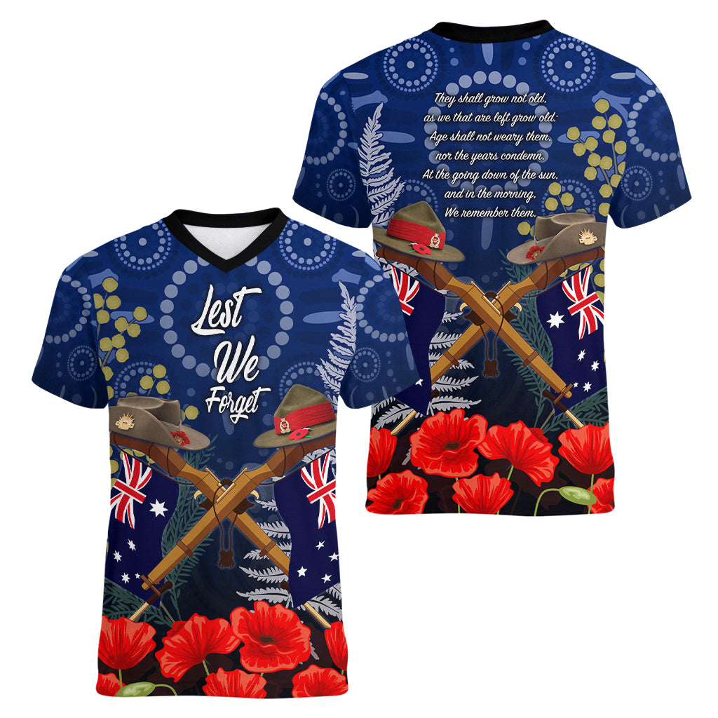 Anzac Women V Neck T Shirt Australia Aboriginal Mix New Zealand Slouch Hats - Vibe Hoodie Shop