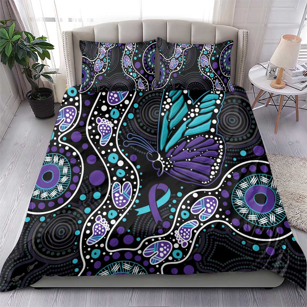 Australia Indigenous Bedding Set Teal & Purple Ribbon Butterfly Aboriginal Arts - Vibe Hoodie Shop