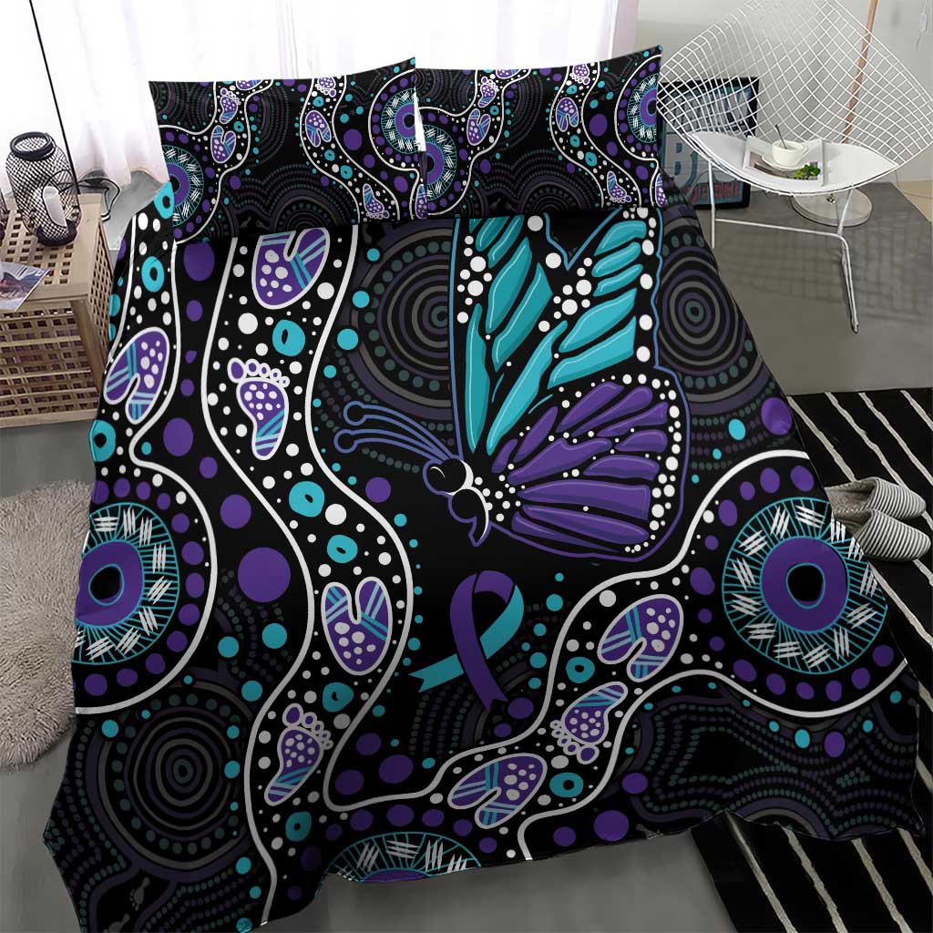 Australia Indigenous Bedding Set Teal & Purple Ribbon Butterfly Aboriginal Arts - Vibe Hoodie Shop