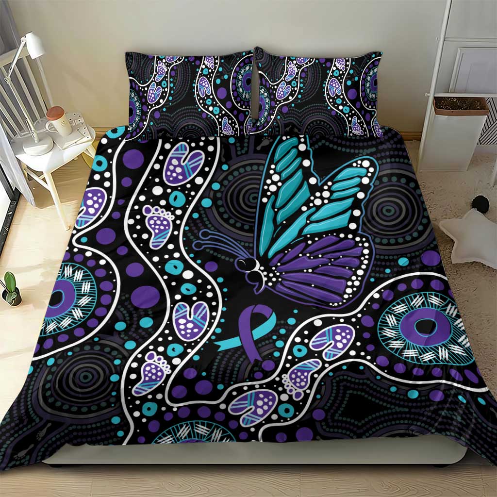 Australia Indigenous Bedding Set Teal & Purple Ribbon Butterfly Aboriginal Arts - Vibe Hoodie Shop