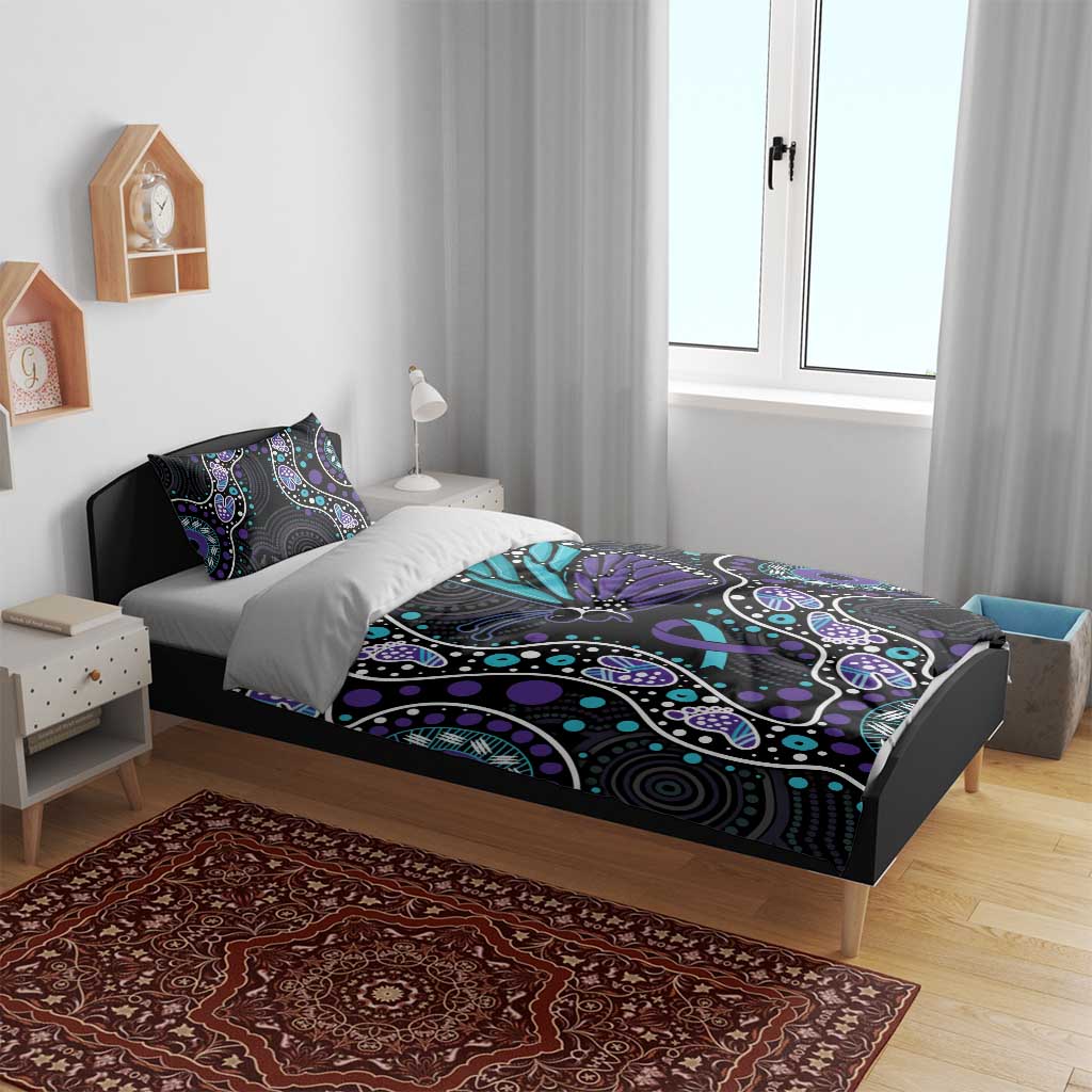 Australia Indigenous Bedding Set Teal & Purple Ribbon Butterfly Aboriginal Arts - Vibe Hoodie Shop