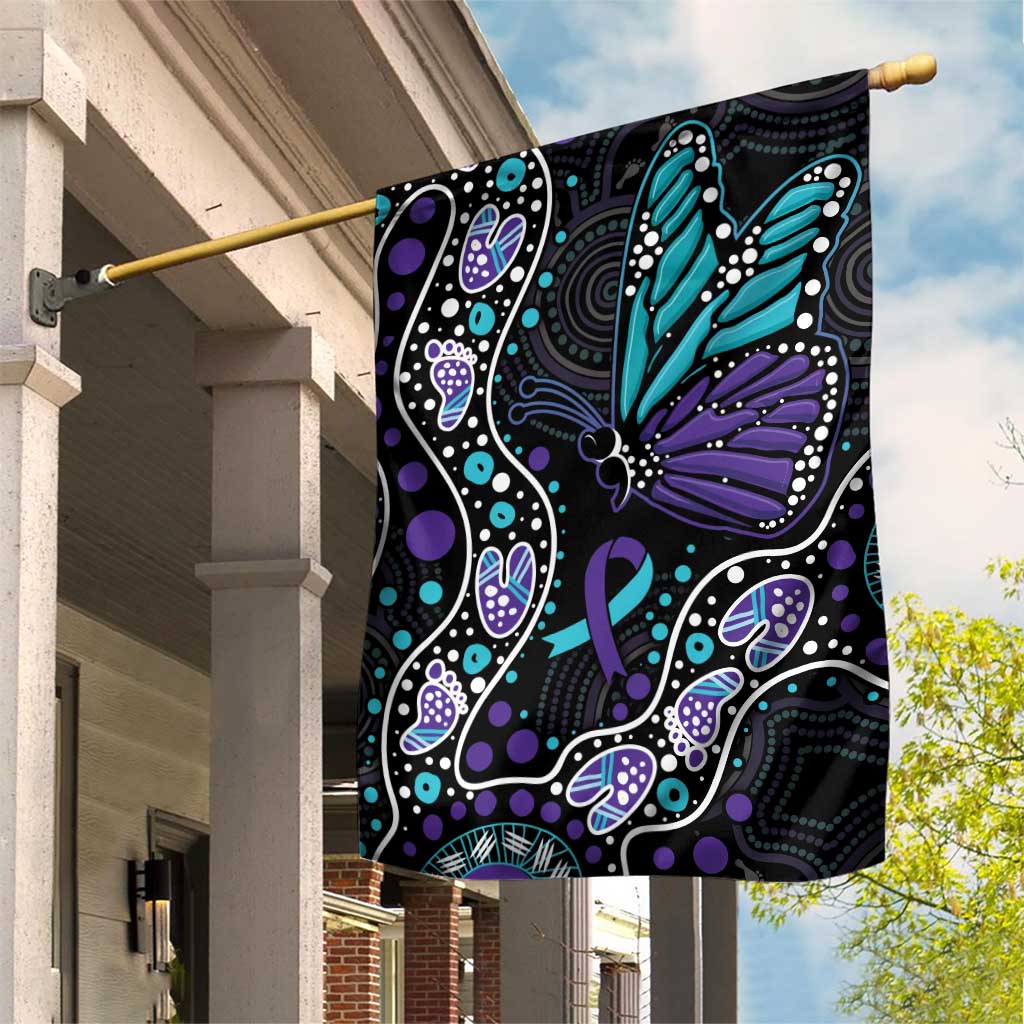 Australia Indigenous Garden Flag Teal & Purple Ribbon Butterfly Aboriginal Arts - Vibe Hoodie Shop