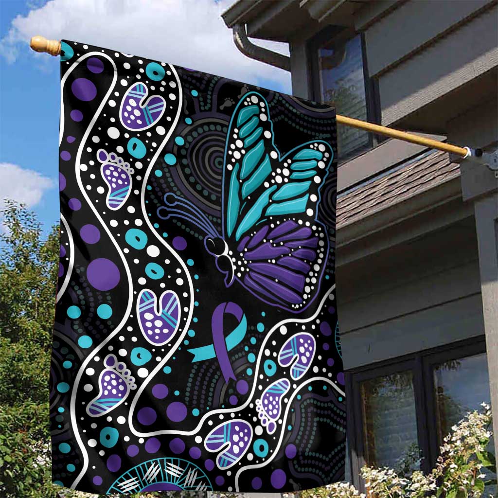 Australia Indigenous Garden Flag Teal & Purple Ribbon Butterfly Aboriginal Arts - Vibe Hoodie Shop