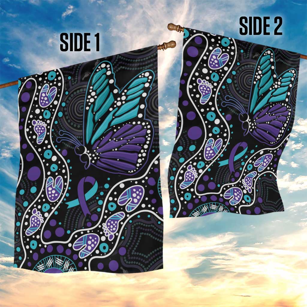 Australia Indigenous Garden Flag Teal & Purple Ribbon Butterfly Aboriginal Arts - Vibe Hoodie Shop