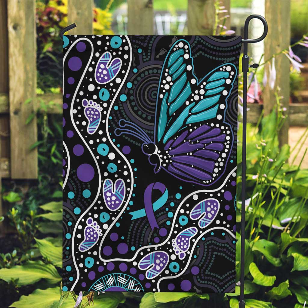 Australia Indigenous Garden Flag Teal & Purple Ribbon Butterfly Aboriginal Arts - Vibe Hoodie Shop