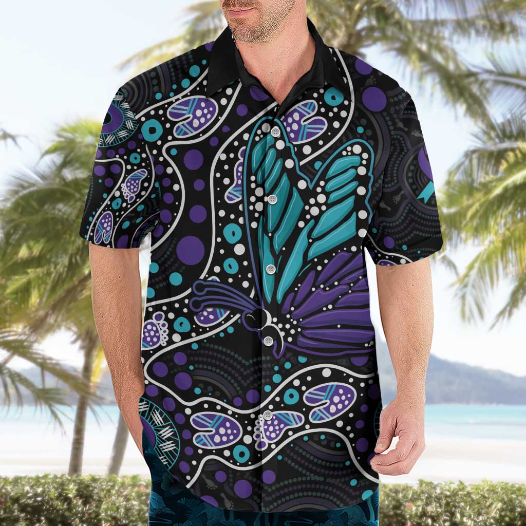 Australia Indigenous Hawaiian Shirt Teal & Purple Ribbon Butterfly Aboriginal Arts - Vibe Hoodie Shop