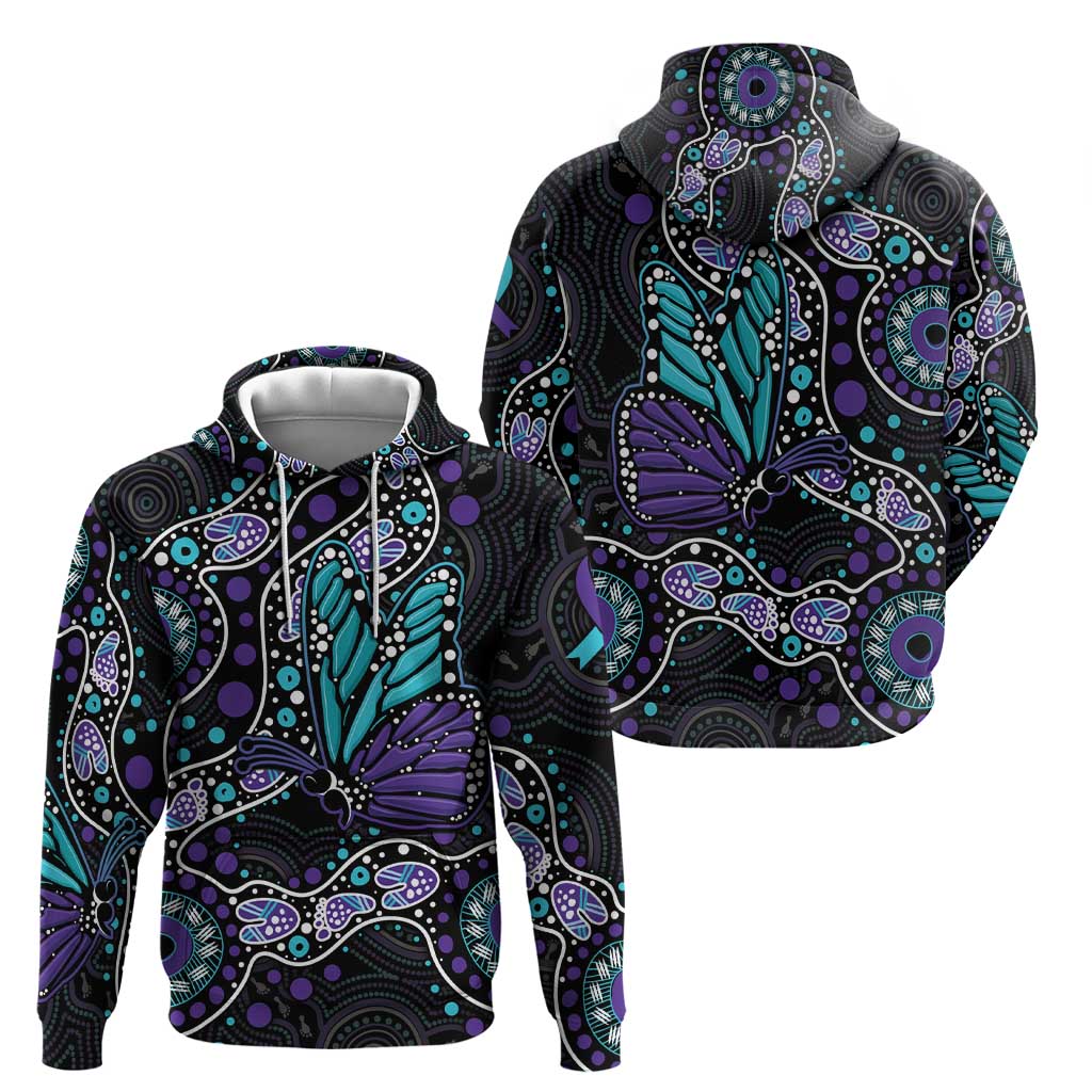 Australia Indigenous Hoodie Teal & Purple Ribbon Butterfly Aboriginal Arts LT7 - Vibe Hoodie Shop