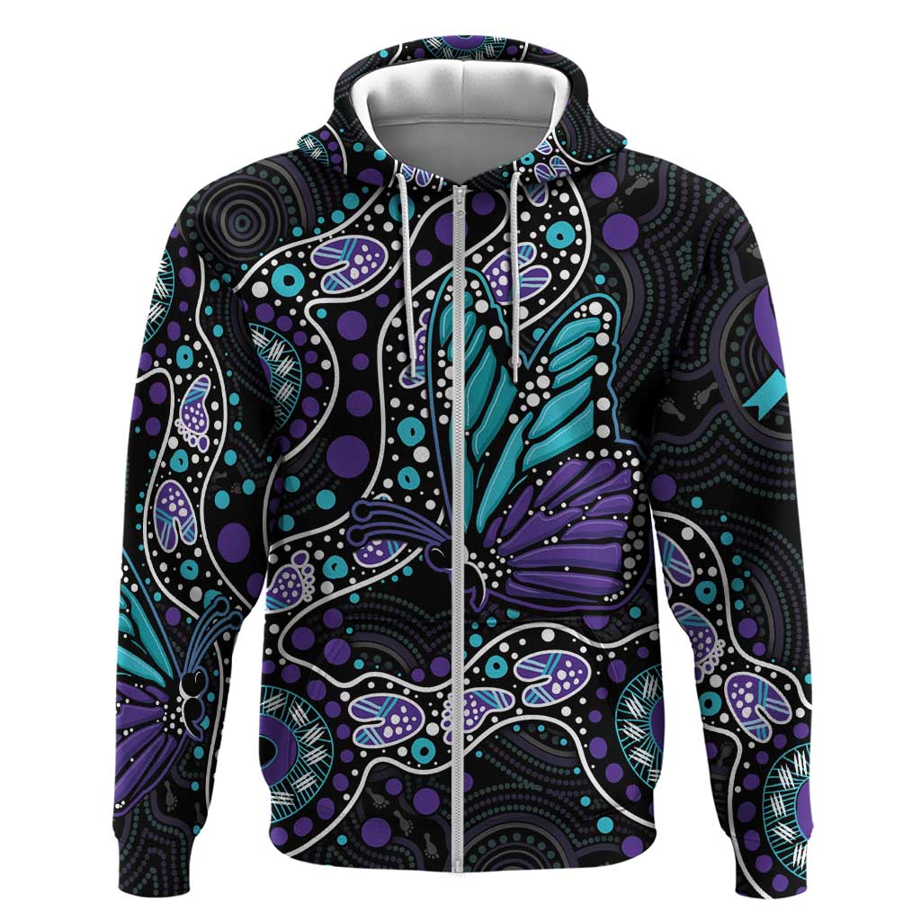 Australia Indigenous Hoodie Teal & Purple Ribbon Butterfly Aboriginal Arts LT7 - Vibe Hoodie Shop