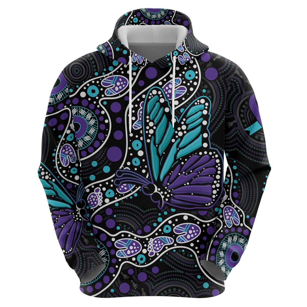 Australia Indigenous Hoodie Teal & Purple Ribbon Butterfly Aboriginal Arts LT7 - Vibe Hoodie Shop