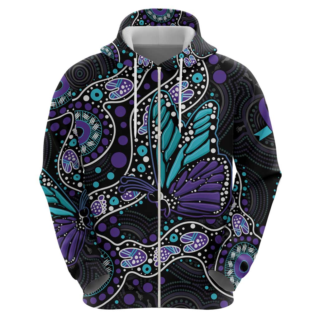Australia Indigenous Hoodie Teal & Purple Ribbon Butterfly Aboriginal Arts LT7 - Vibe Hoodie Shop