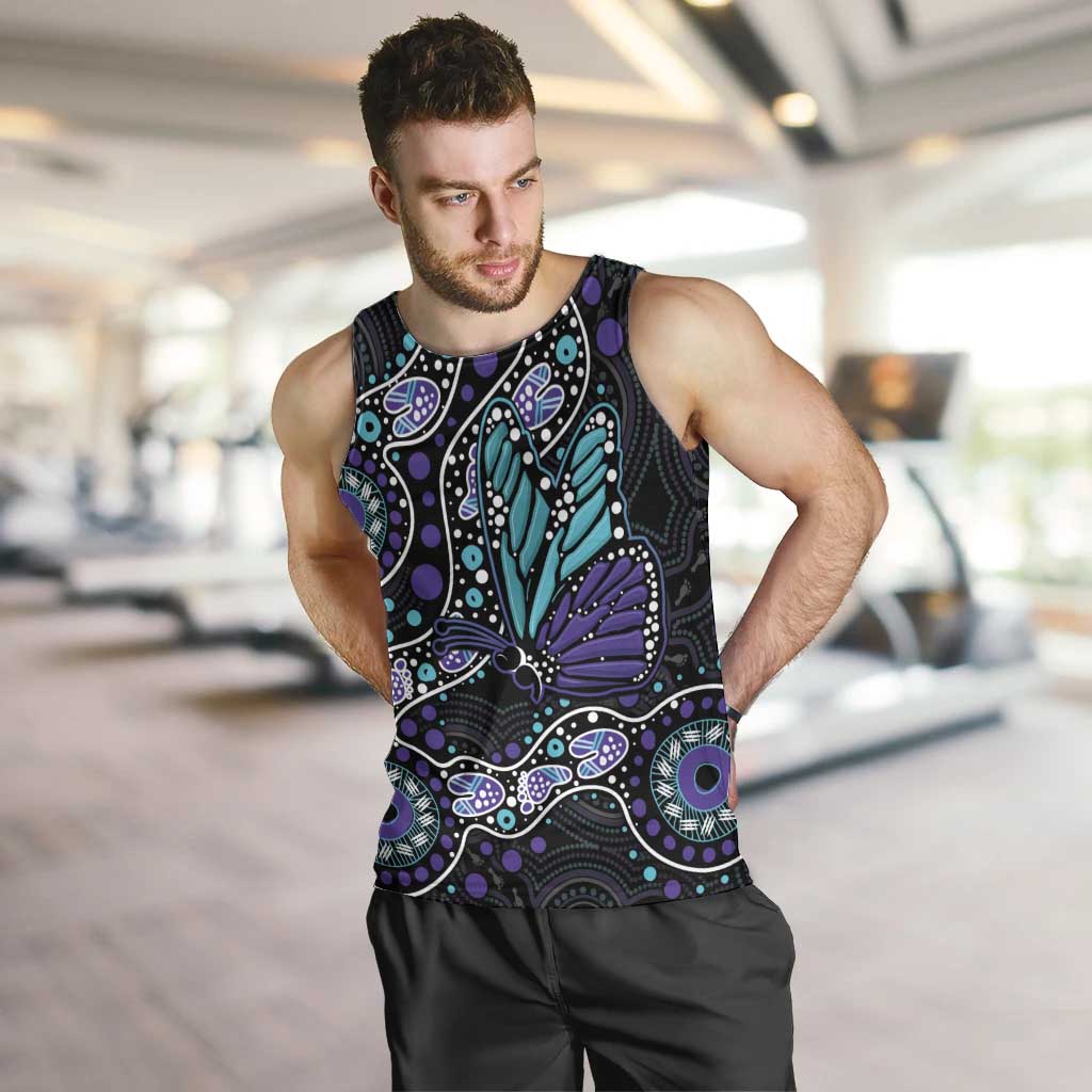 Australia Indigenous Men Tank Top Teal & Purple Ribbon Butterfly Aboriginal Arts - Vibe Hoodie Shop