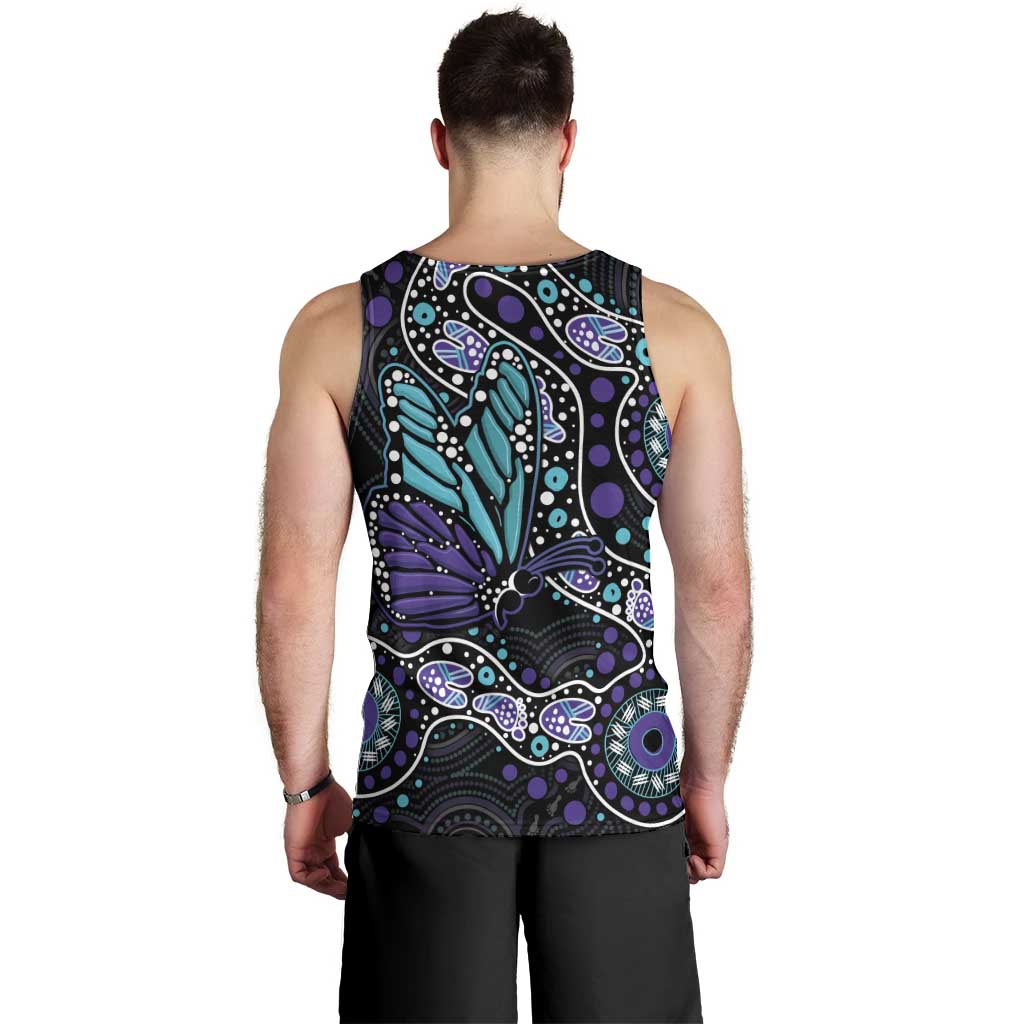 Australia Indigenous Men Tank Top Teal & Purple Ribbon Butterfly Aboriginal Arts - Vibe Hoodie Shop