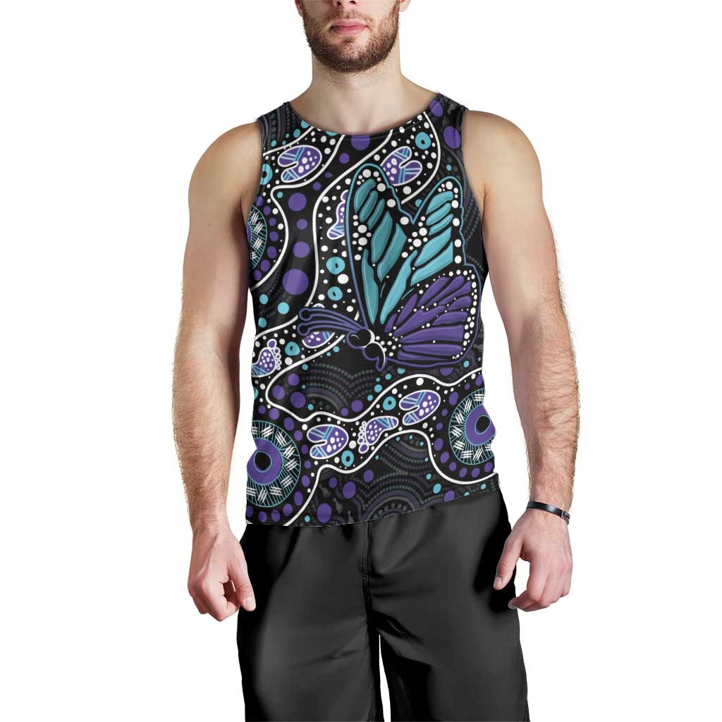 Australia Indigenous Men Tank Top Teal & Purple Ribbon Butterfly Aboriginal Arts - Vibe Hoodie Shop