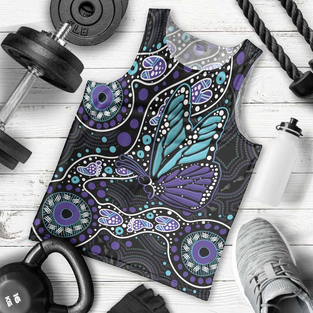 Australia Indigenous Men Tank Top Teal & Purple Ribbon Butterfly Aboriginal Arts - Vibe Hoodie Shop