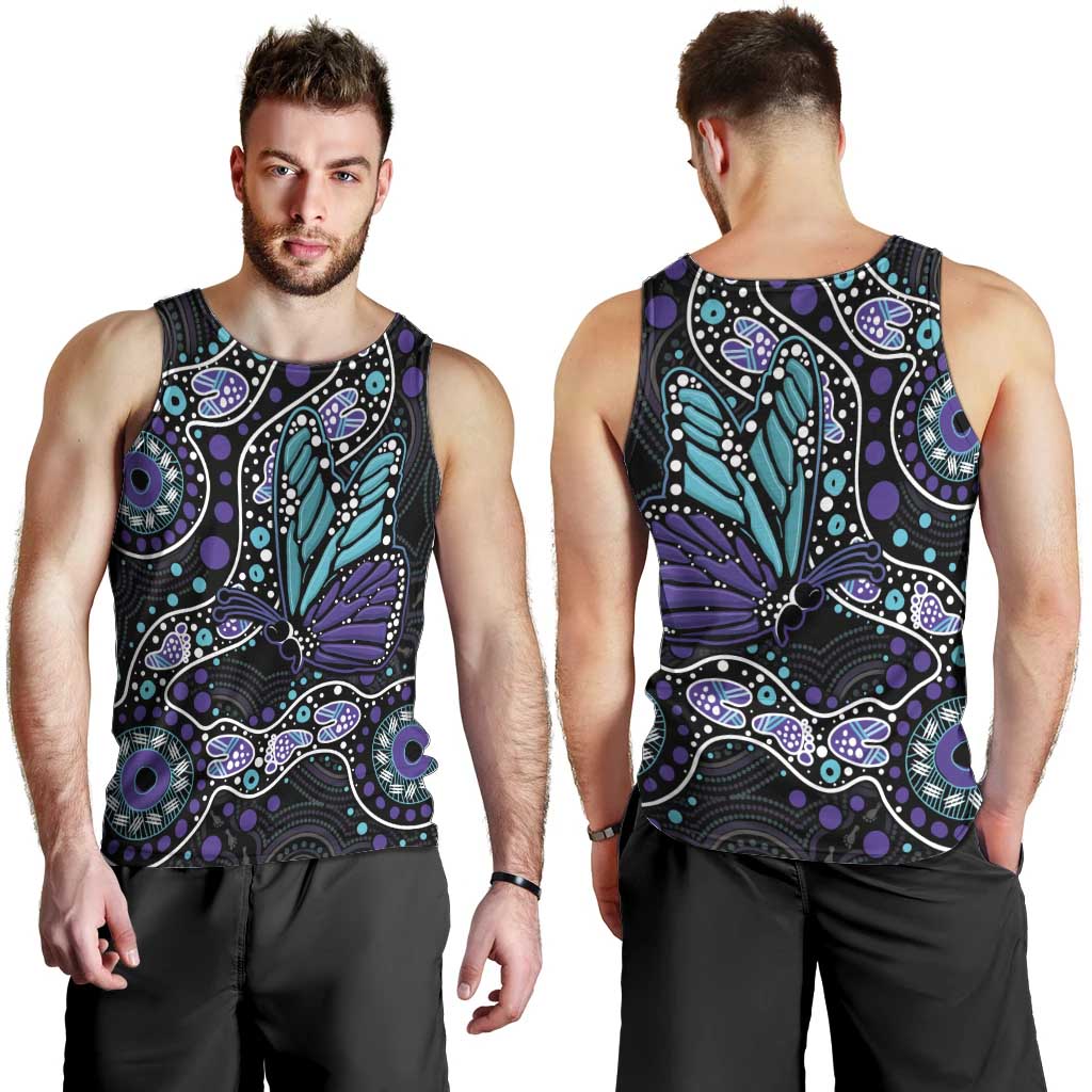 Australia Indigenous Men Tank Top Teal & Purple Ribbon Butterfly Aboriginal Arts - Vibe Hoodie Shop