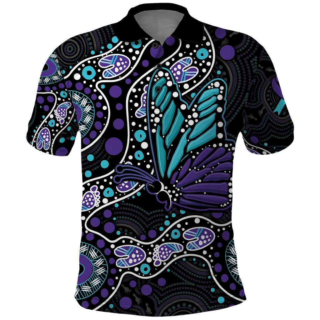 Australia Indigenous Polo Shirt Teal & Purple Ribbon Butterfly Aboriginal Arts - Vibe Hoodie Shop