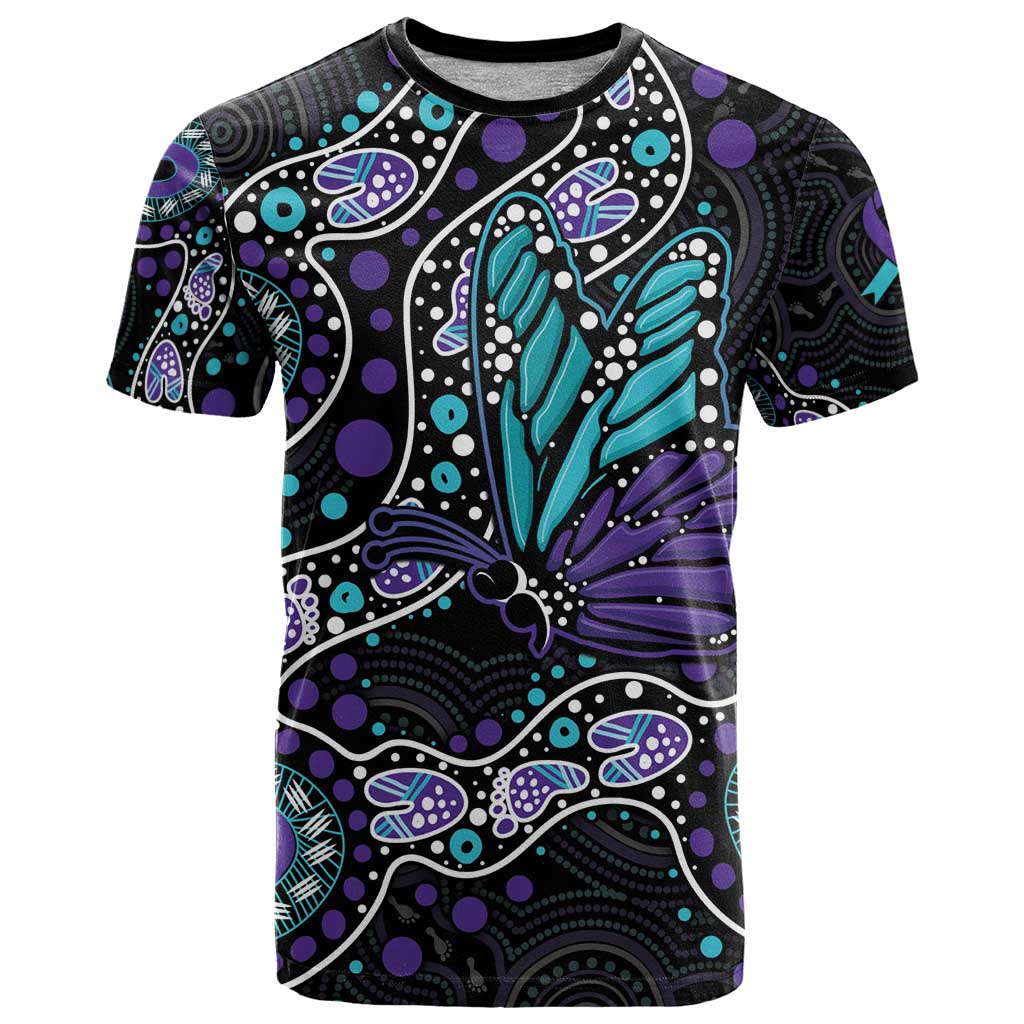 Australia Indigenous T Shirt Teal & Purple Ribbon Butterfly Aboriginal Arts - Vibe Hoodie Shop