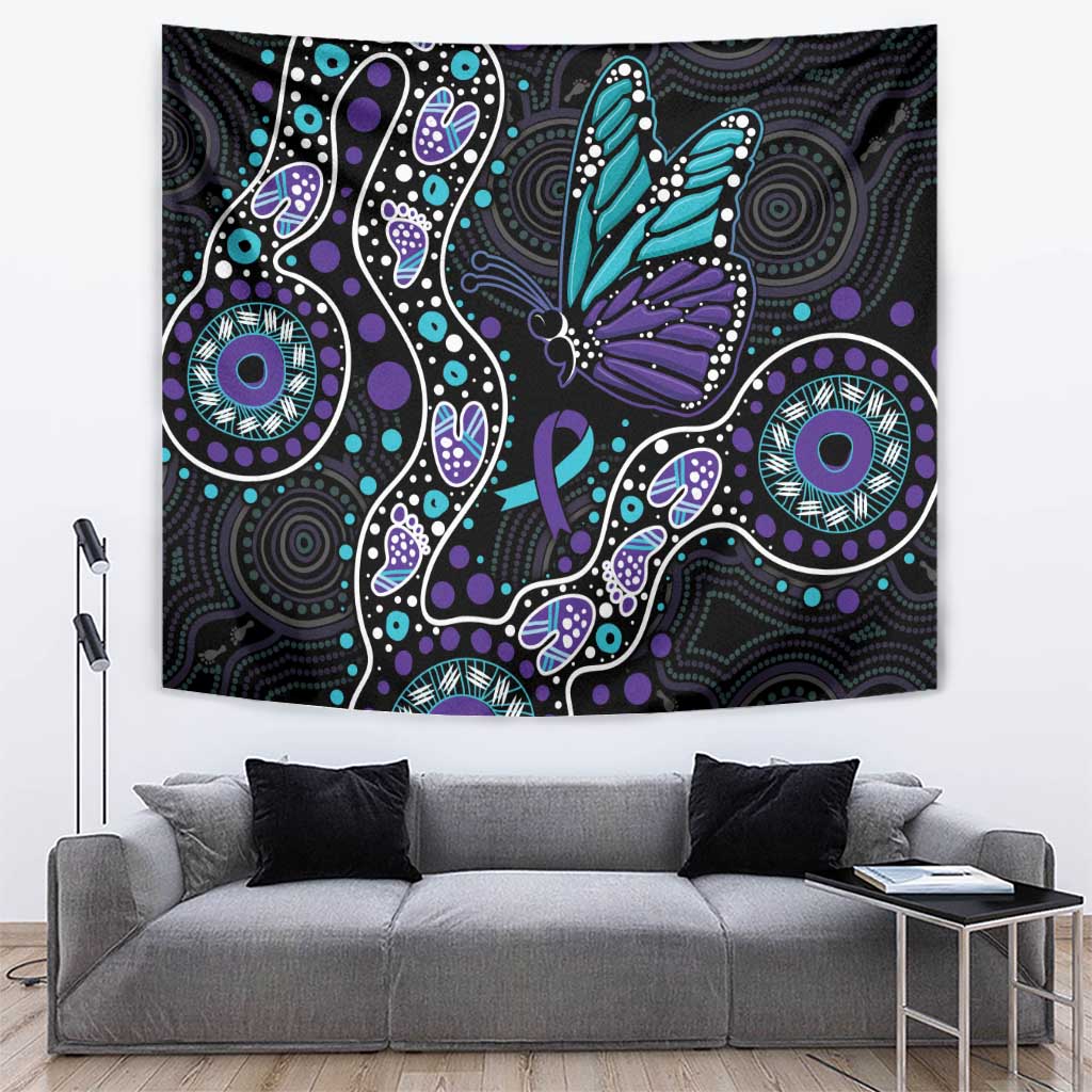 Australia Indigenous Tapestry Teal & Purple Ribbon Butterfly Aboriginal Arts - Vibe Hoodie Shop