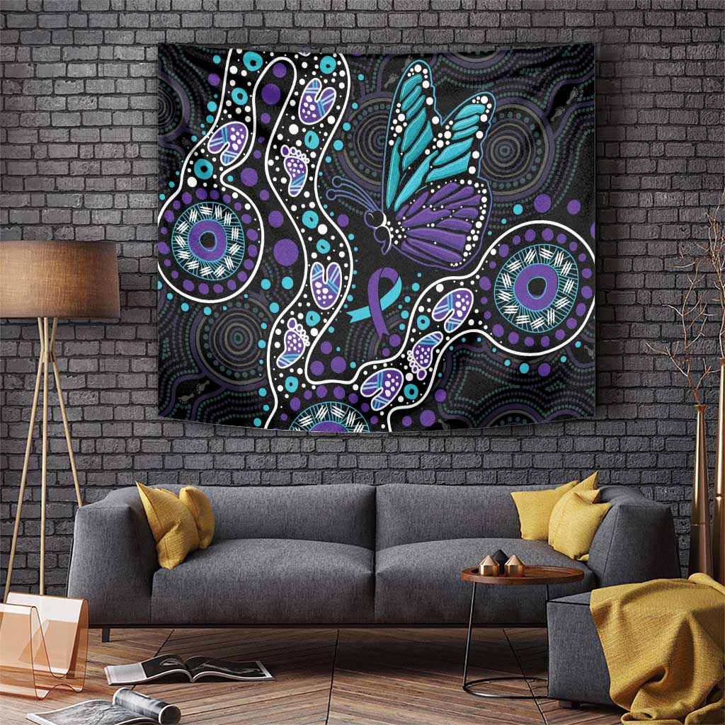 Australia Indigenous Tapestry Teal & Purple Ribbon Butterfly Aboriginal Arts - Vibe Hoodie Shop