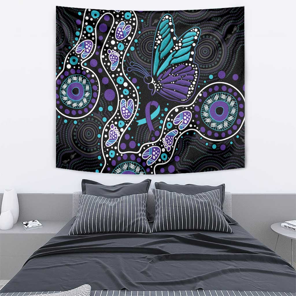 Australia Indigenous Tapestry Teal & Purple Ribbon Butterfly Aboriginal Arts - Vibe Hoodie Shop