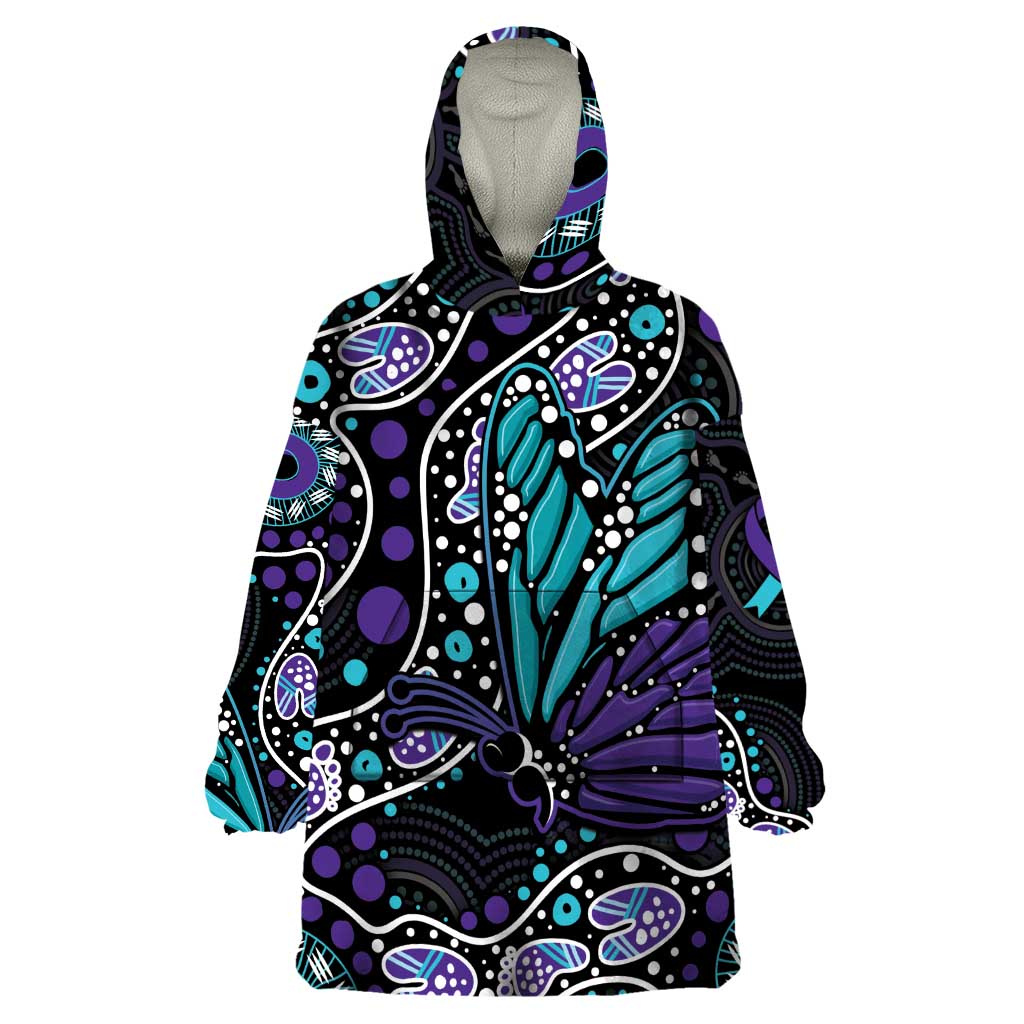 Australia Indigenous Wearable Blanket Hoodie Teal & Purple Ribbon Butterfly Aboriginal Arts - Vibe Hoodie Shop