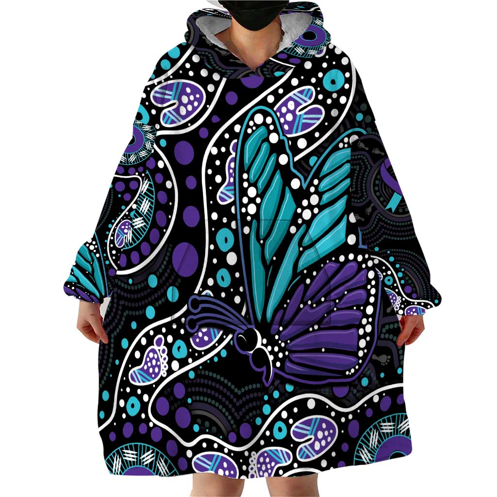 Australia Indigenous Wearable Blanket Hoodie Teal & Purple Ribbon Butterfly Aboriginal Arts - Vibe Hoodie Shop