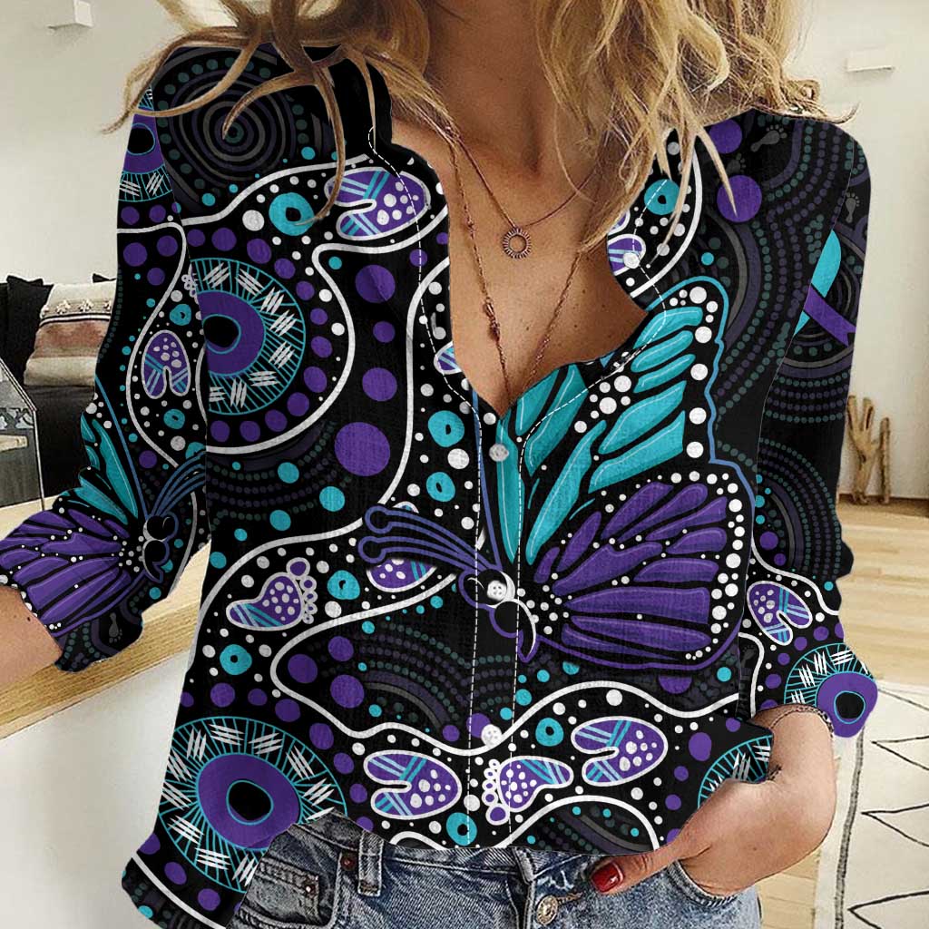 Australia Indigenous Women Casual Shirt Teal & Purple Ribbon Butterfly Aboriginal Arts - Vibe Hoodie Shop