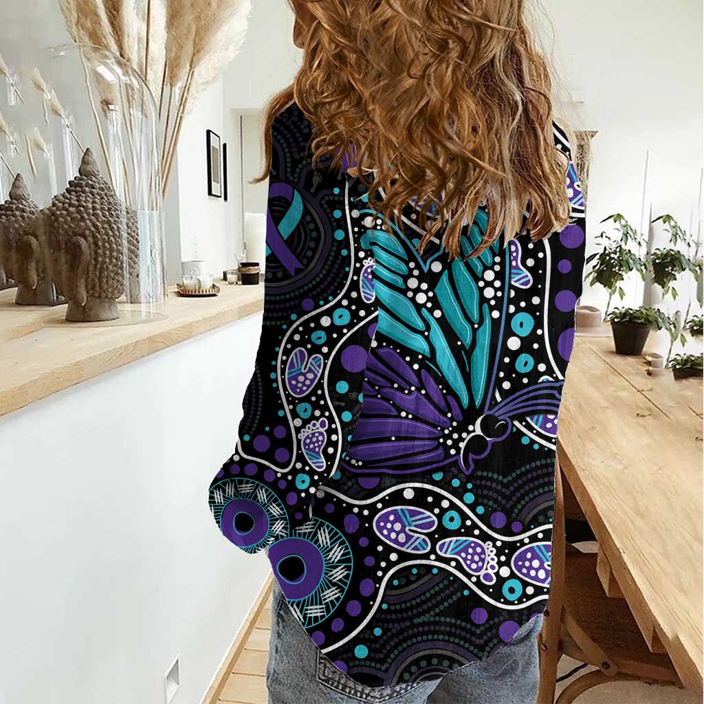 Australia Indigenous Women Casual Shirt Teal & Purple Ribbon Butterfly Aboriginal Arts - Vibe Hoodie Shop