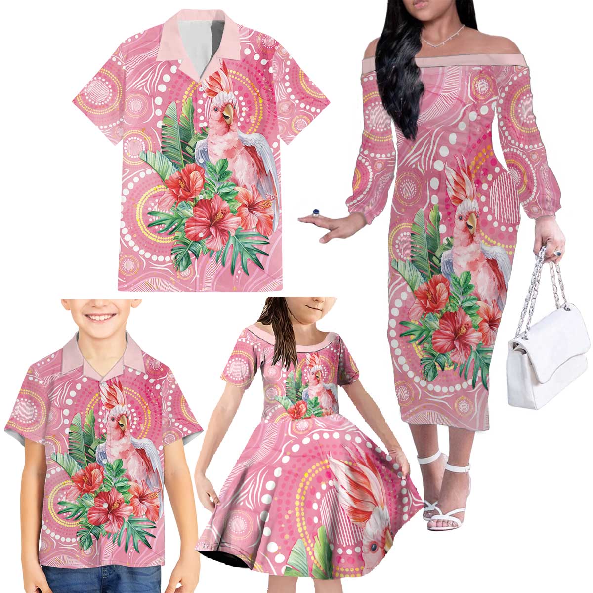 Breast Cancer Pink Cockatoo Family Matching Off The Shoulder Long Sleeve Dress and Hawaiian Shirt Australia Indigenous Watercolor Glaze - Vibe Hoodie