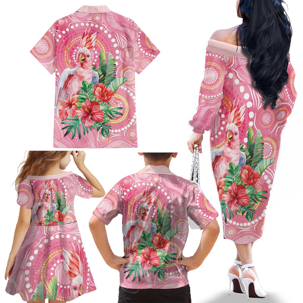 Breast Cancer Pink Cockatoo Family Matching Off The Shoulder Long Sleeve Dress and Hawaiian Shirt Australia Indigenous Watercolor Glaze - Vibe Hoodie