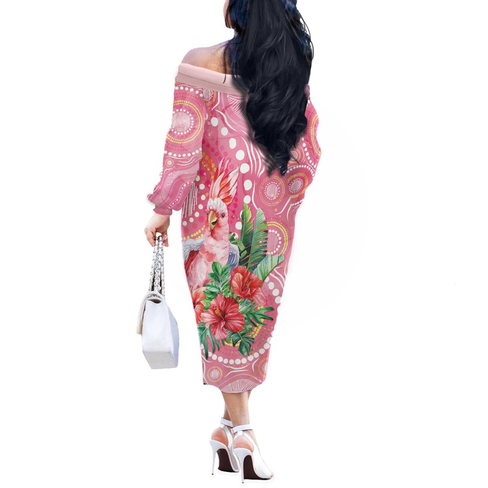 Breast Cancer Pink Cockatoo Off The Shoulder Long Sleeve Dress Australia Indigenous Watercolor Glaze - Vibe Hoodie