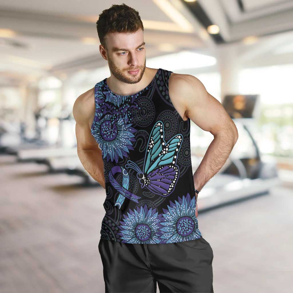 Australia Indigenous Men Tank Top Teal & Purple Sunflower Aboriginal Arts - Vibe Hoodie Shop
