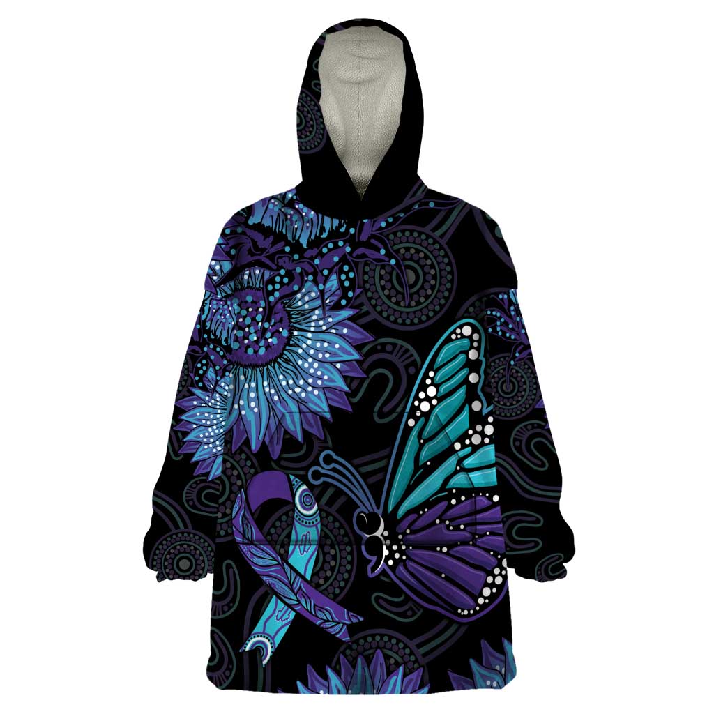 Australia Indigenous Wearable Blanket Hoodie Teal & Purple Sunflower Aboriginal Arts - Vibe Hoodie Shop