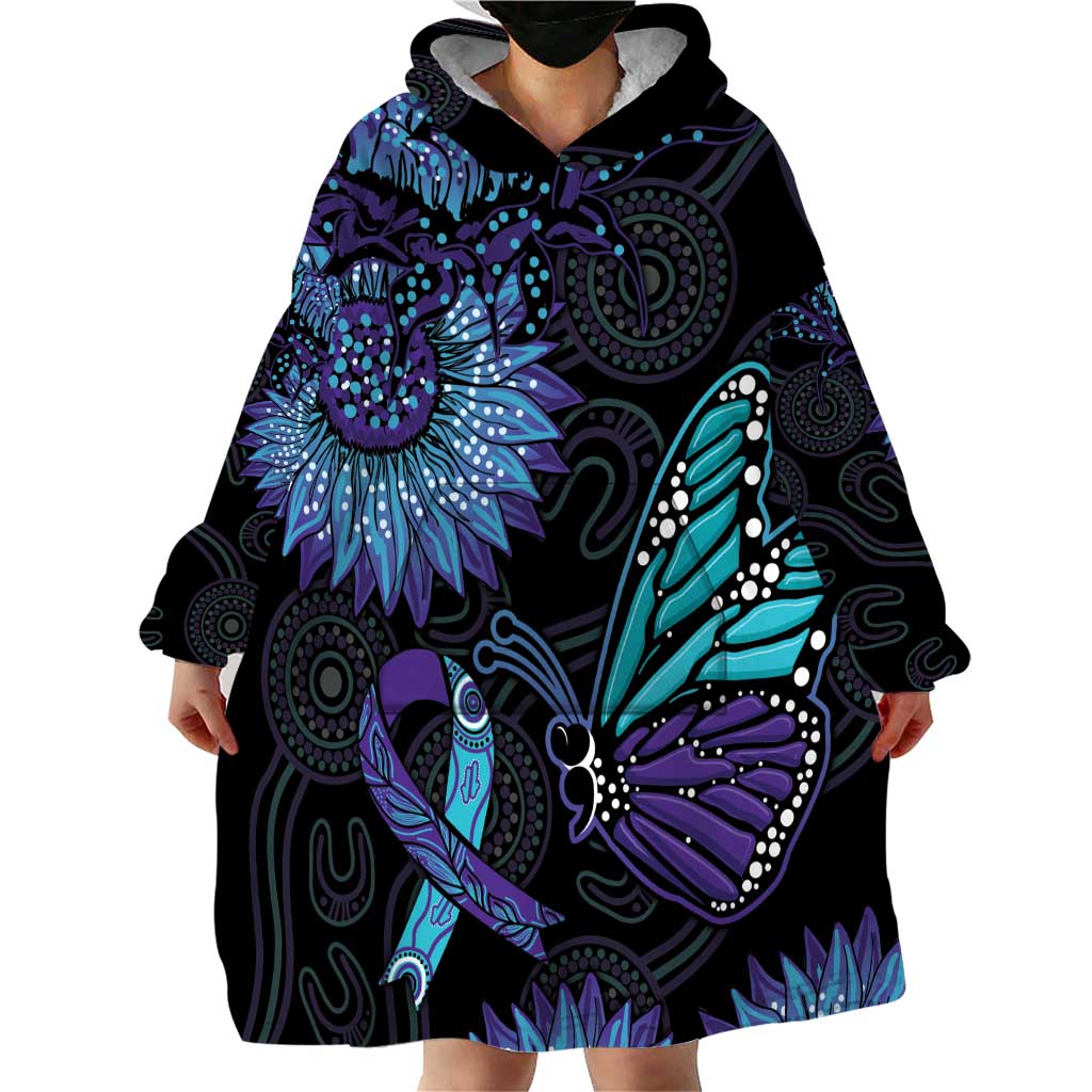 Australia Indigenous Wearable Blanket Hoodie Teal & Purple Sunflower Aboriginal Arts - Vibe Hoodie Shop