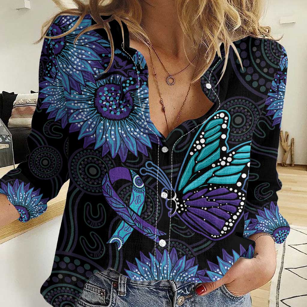 Australia Indigenous Women Casual Shirt Teal & Purple Sunflower Aboriginal Arts - Vibe Hoodie Shop