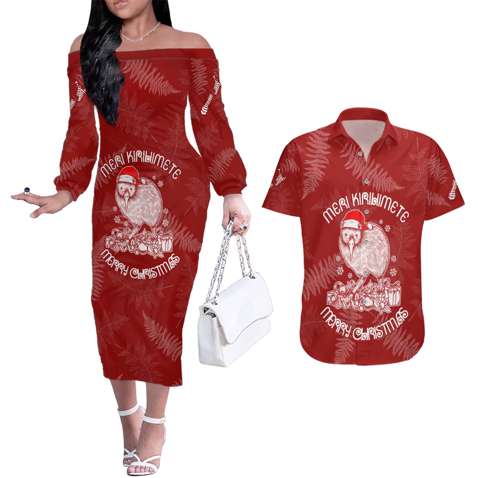 new-zealand-christmas-couples-matching-off-the-shoulder-long-sleeve-dress-and-hawaiian-shirt-silver-fern-mix-kiwi-bird-ver01