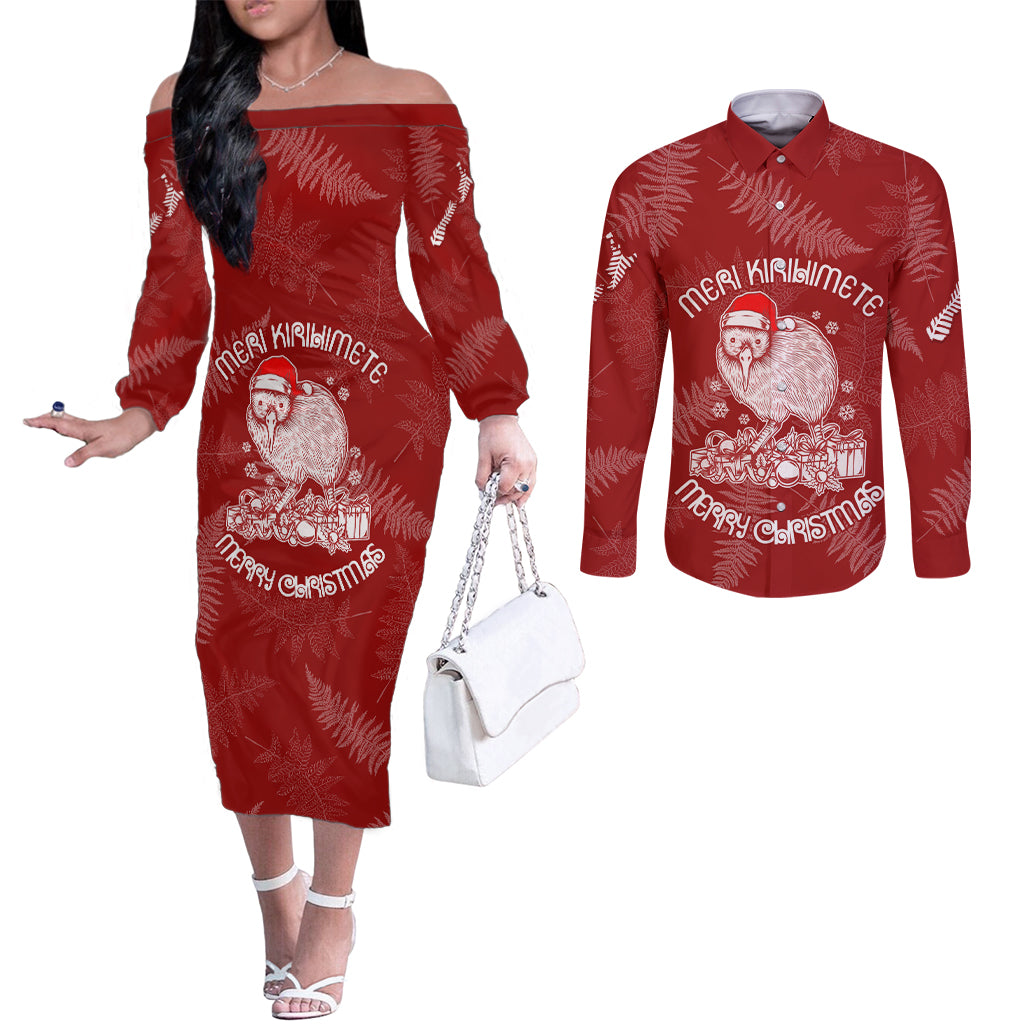 new-zealand-christmas-couples-matching-off-the-shoulder-long-sleeve-dress-and-long-sleeve-button-shirts-silver-fern-mix-kiwi-bird-ver01