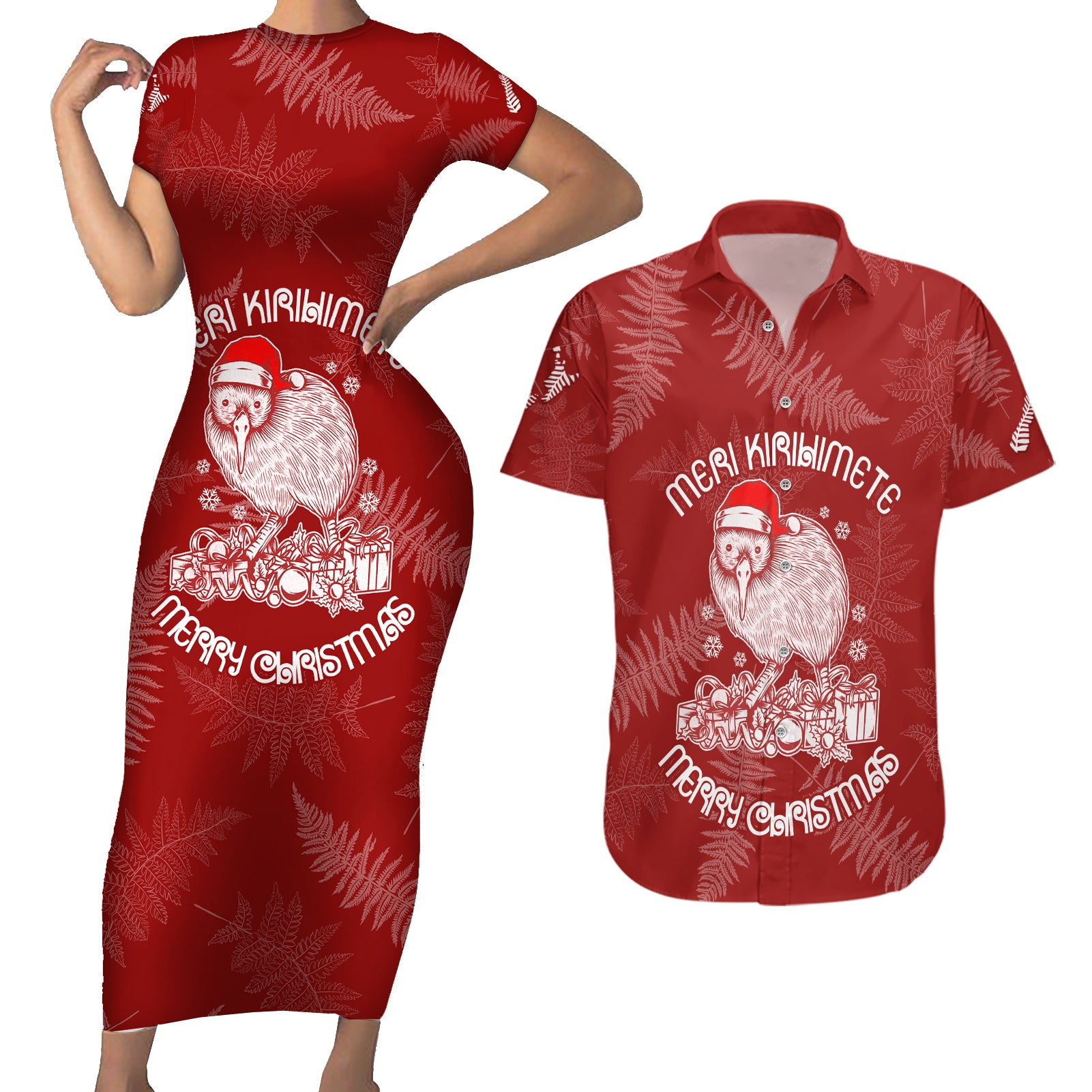 new-zealand-christmas-couples-matching-short-sleeve-bodycon-dress-and-hawaiian-shirt-silver-fern-mix-kiwi-bird-ver01